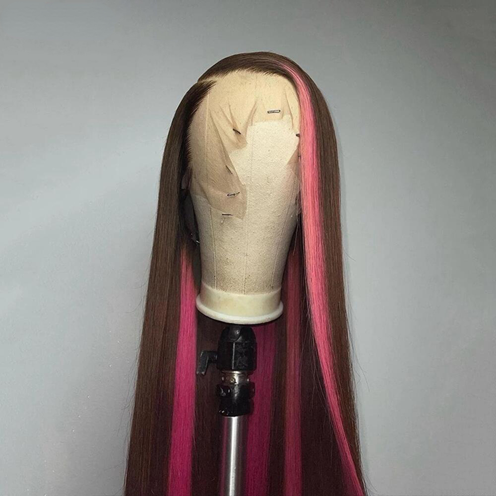 Peruansk hår rosa brunt höjdpunkt spetsar front peruk lång rak spets front peruk hd spets simulering mänskliga hår peruker för kvinnor