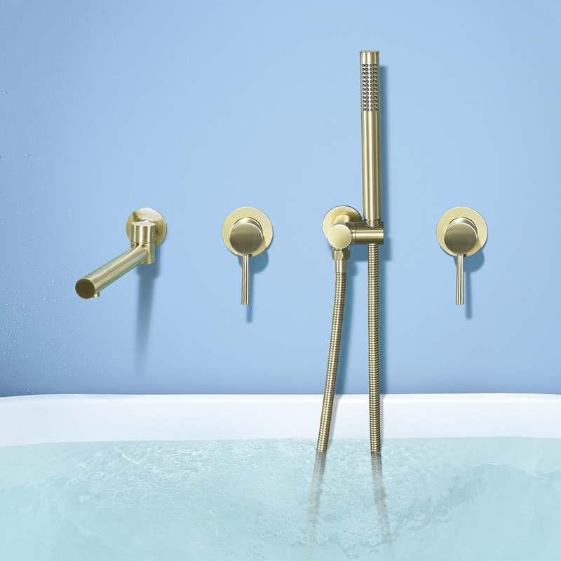 Badewannen-Duschset, Wandmontage, gebürstetes Gold, drehbarer Badewannen-Wasserhahn, schwarzes Badezimmer, Badewanne, Dusche, Mischbatterie, Messing