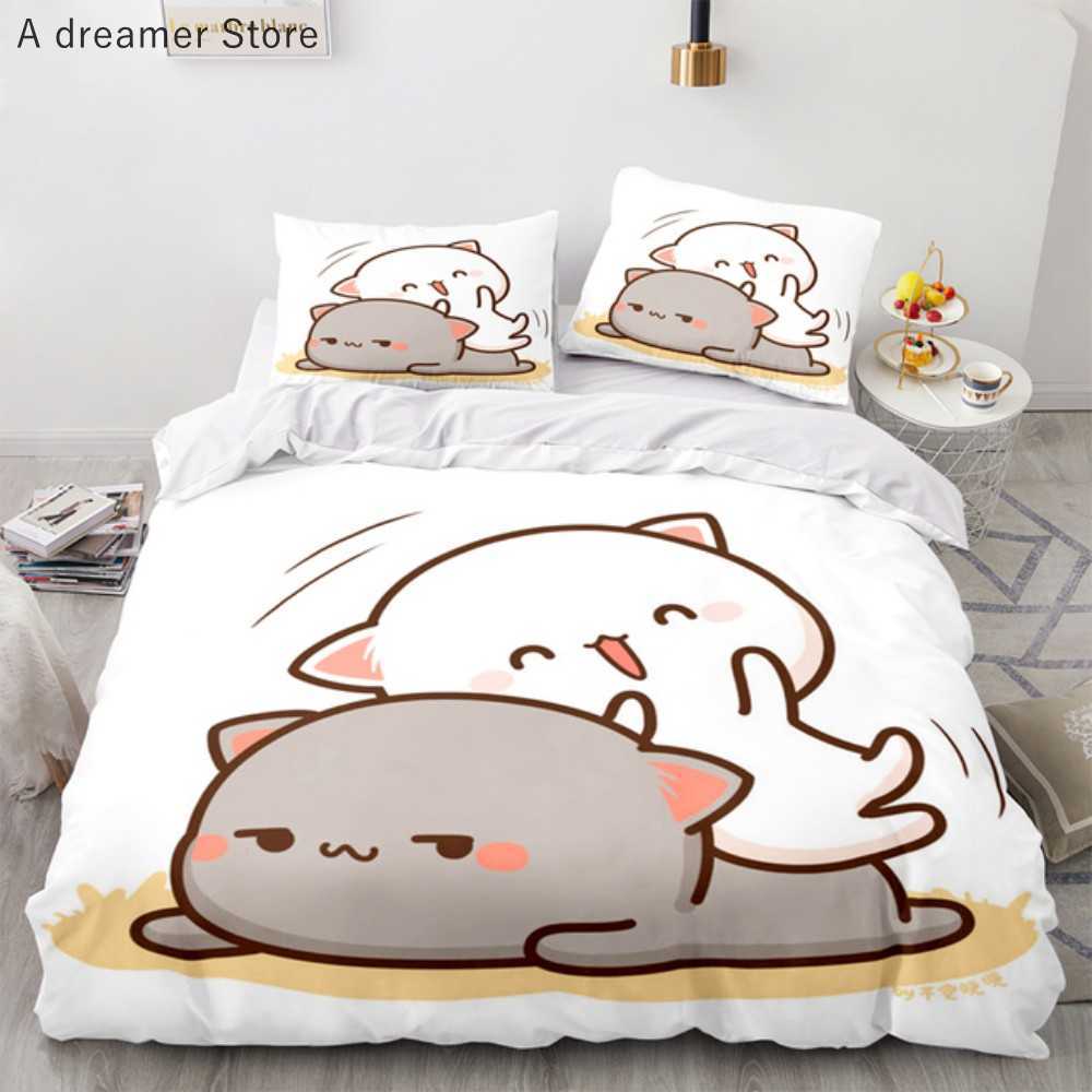 Zestaw pokrywowy Peach Cat Pedding Cover 2/Zestaw pościeli Goma Cute Cats Duvet Cover Infantil łóżka Pojedyncza podwójna królowa King rozmiar L230704