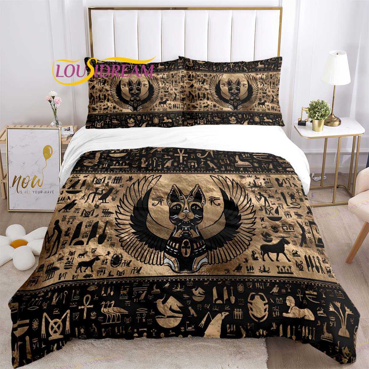 Oude Egypte Egyptische God Egyptische Kat Dekbedovertrek Case Beddengoed Driedelige Set Multi Size Quilt Bed Trooster Set L230704