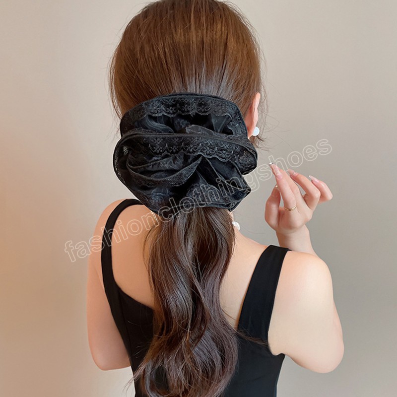 New French Hollow Out Lace Hair Scrunchies Large Elegant Women Hair Ties Fashion Ponytail Holder Double Layer Hair Bands