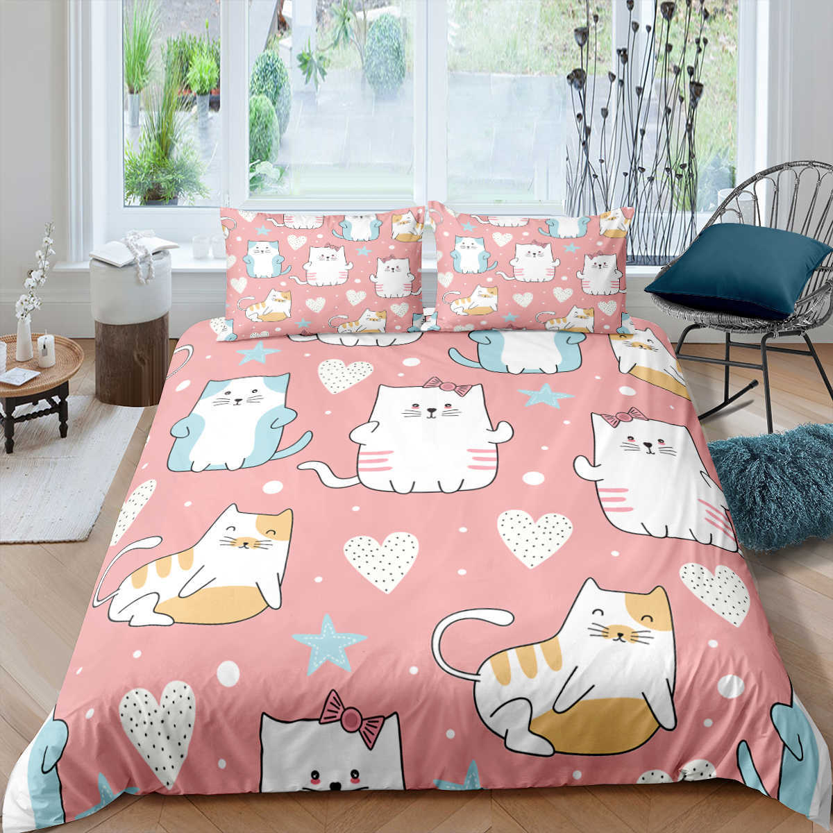 Cartoon Cat Cover Digital Print Polyester Bedding Set barnbarn täcker pojkar sängkläder uppsättning för tonåringar king size sängkläder set l230704