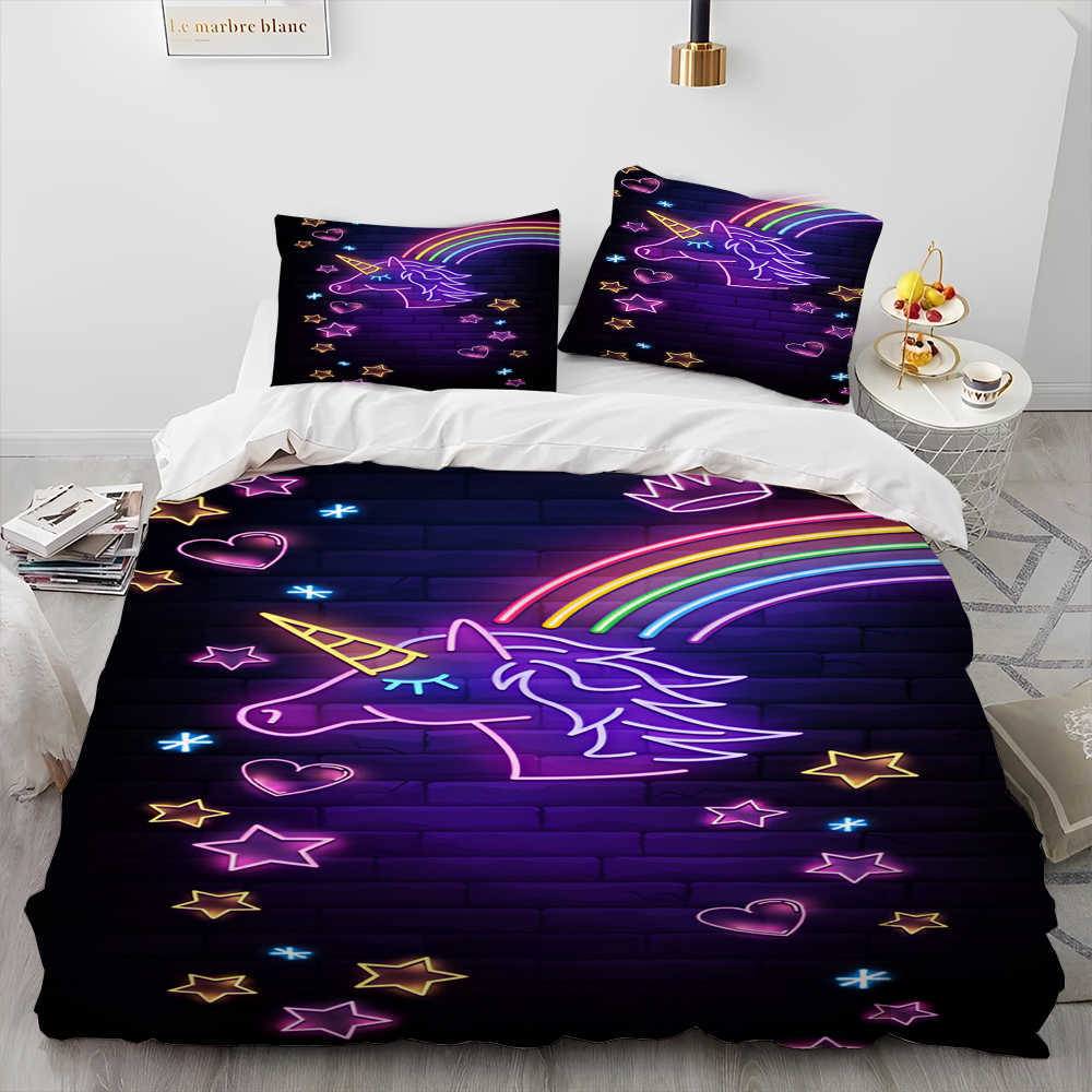 Mignon Licorne Dessin Animé Couette Ensemble de Literie Housse de Couette Ensemble de Lit Housse de Couette Reine Ensemble de Literie pour Enfant Garçon Fille Cadeau L230704