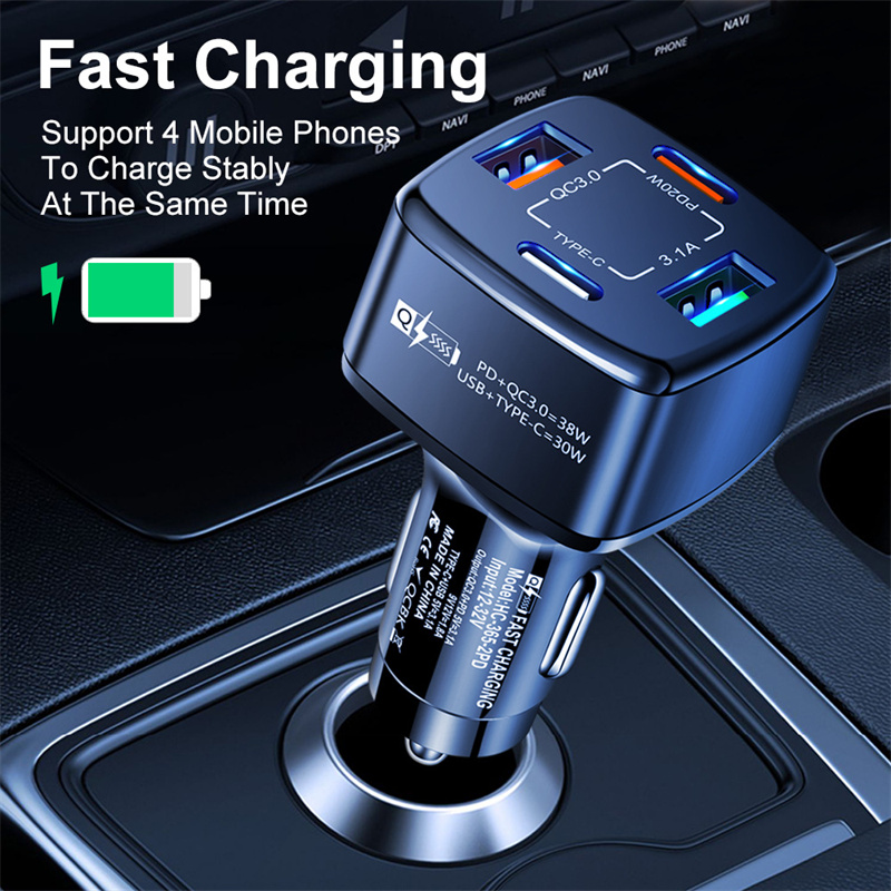 Chargeur de voiture 38W Charge rapide 4 ports Type C PD QC3.0 3.1A Chargeur USB Ports multiples pour iPhone Xiaomi Huawei Adaptateur de téléphone avec boîte