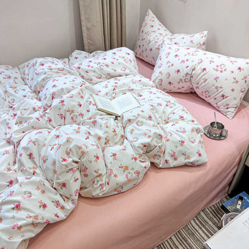 Korea Style Flower Printed Bedding Set Girls Single Double Queen Size Plat Sheet Däcke Cover Case Bed Linens Home Textile L230704