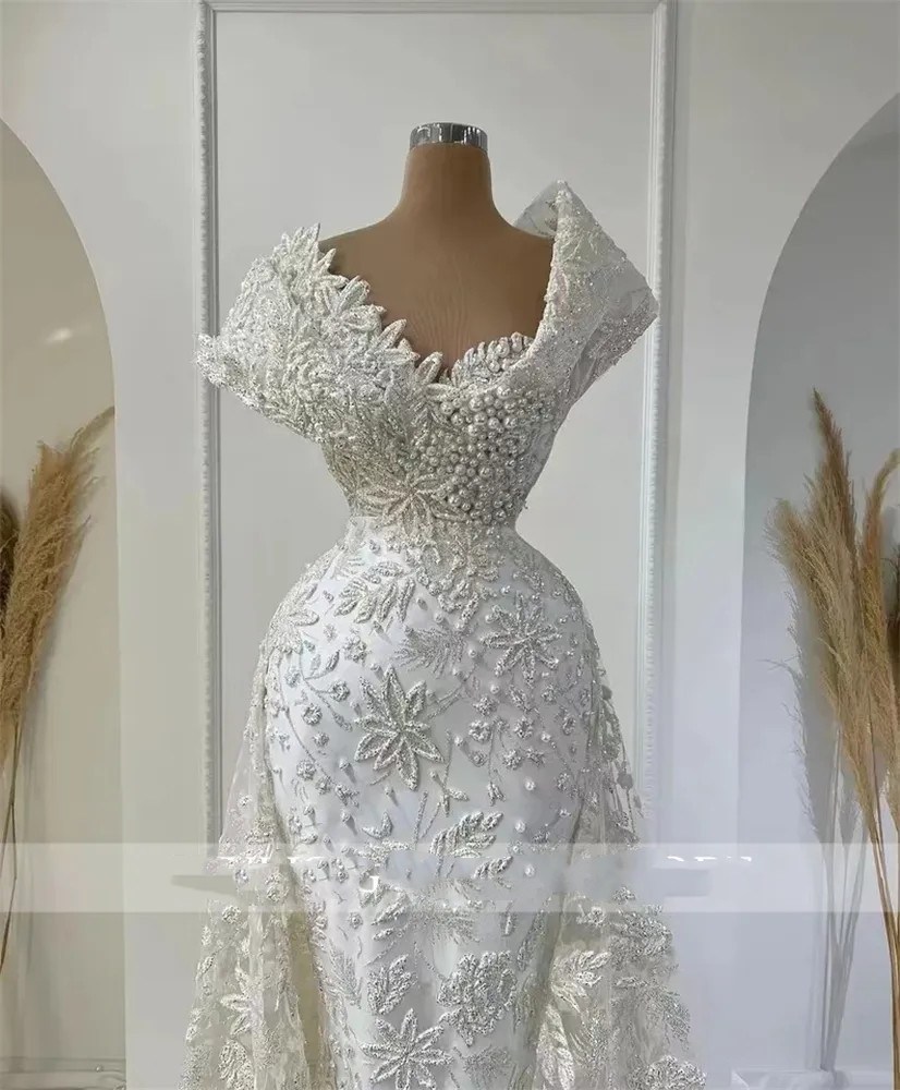 Luxury White Full Lace Mermaid Wedding Dresses 2023 Off Shoulder Beaded Pearls Appliques Formal Bridal Party Gown Robe De Bal