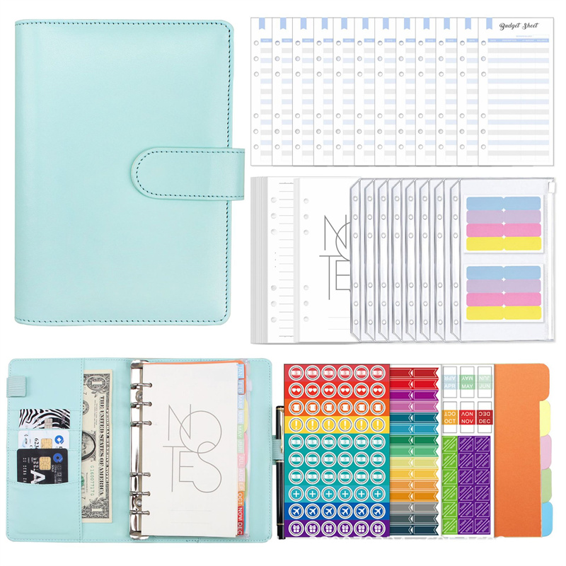 A6 PU Binder Budget Macaron Organizer Spiral Planner Notepads Covers with Zipper Envelopes Pockets