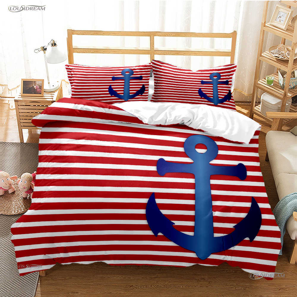 3D Print Cartoon Däcke Cover Marine Nautical Anchor Bedding Set Kid Covers Boy Bed Linen Set For Teens Single/Double/Queen/King L230704