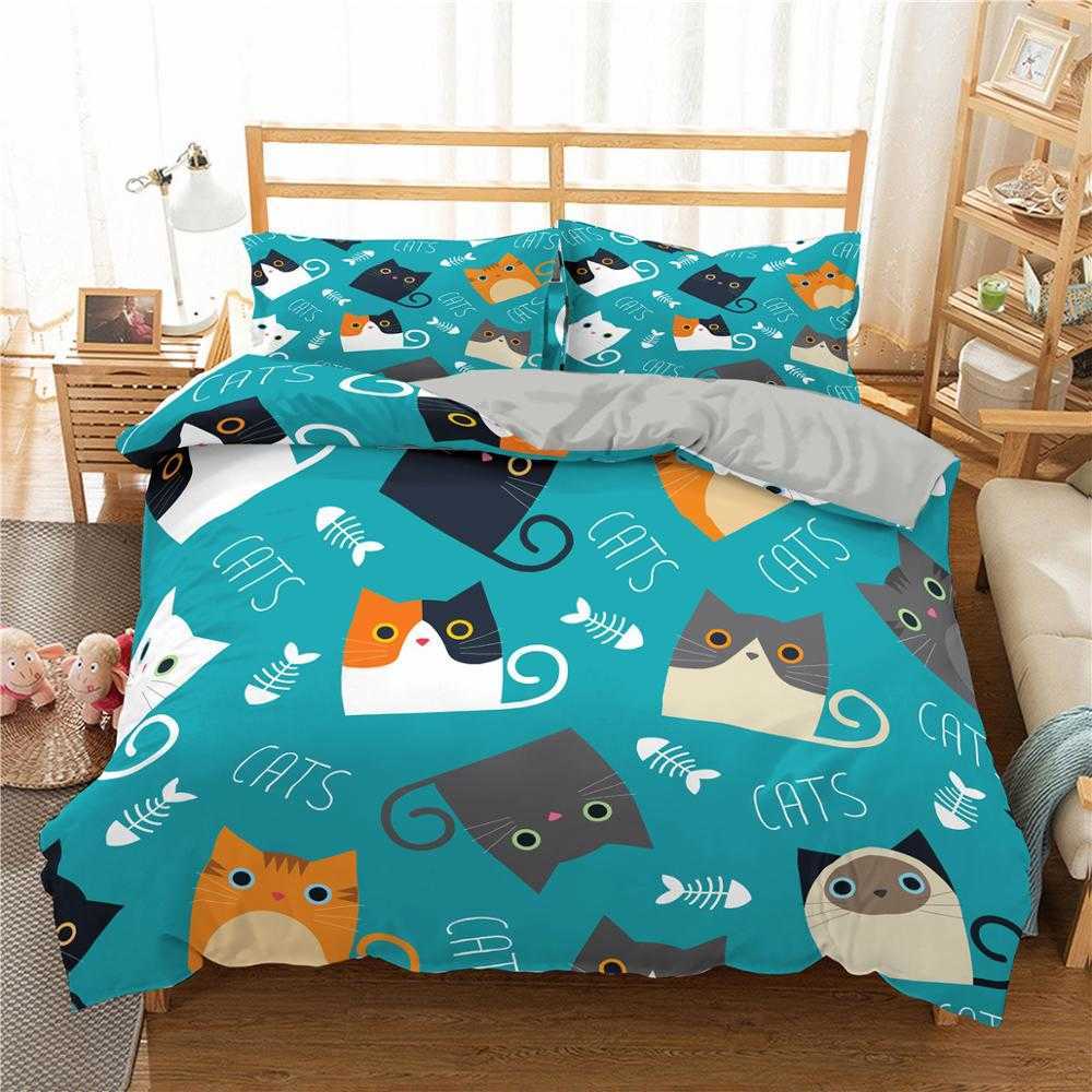 Cartoon Cat Cover Digital Print Polyester Bedding Set barnbarn täcker pojkar sängkläder uppsättning för tonåringar king size sängkläder set l230704