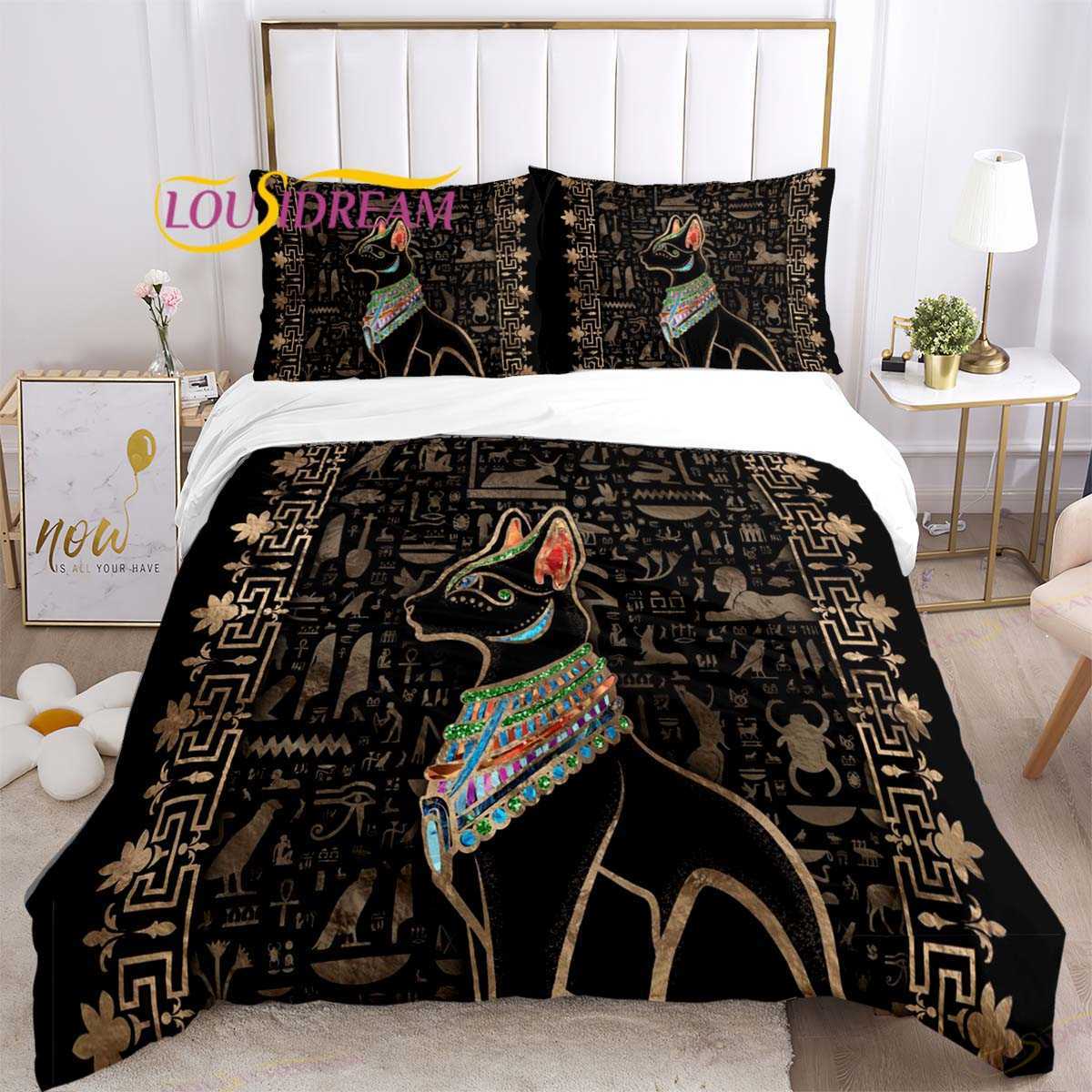 Oude Egypte Egyptische God Egyptische Kat Dekbedovertrek Case Beddengoed Driedelige Set Multi Size Quilt Bed Trooster Set L230704