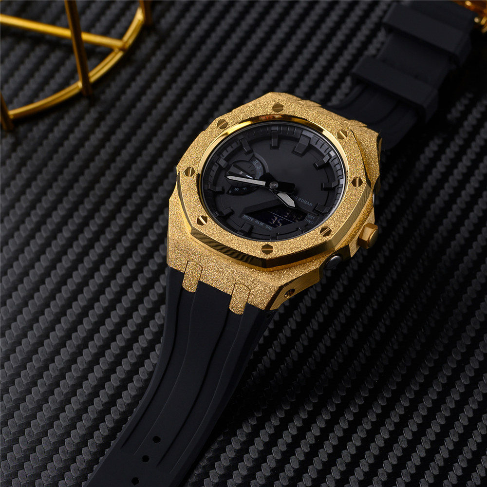 Premium Frost Gold Stainless Steel Bezel AP Mod Kit Protective Case Band Strap Cover for G-SHOCK GA-2100