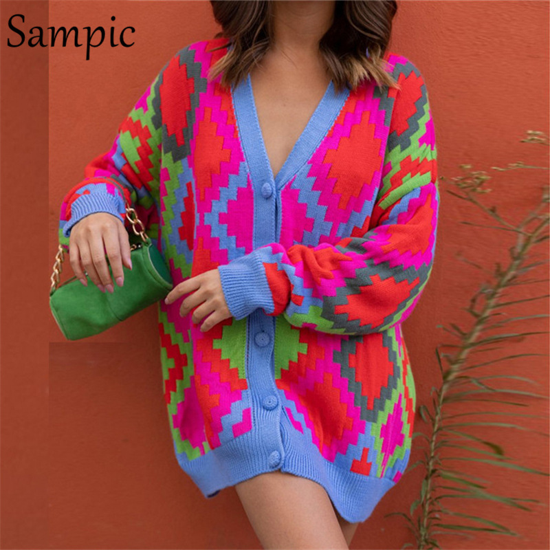 New Women Sweaters Long Sleeve Casual Cardigan Autumn V-neck PatchWork Knit Sweater Fashion Spatching Cell Print Jacket