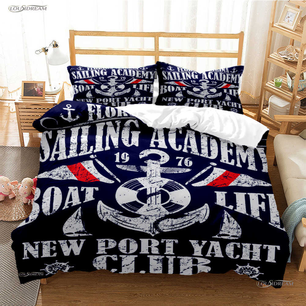 3D Print Cartoon Däcke Cover Marine Nautical Anchor Bedding Set Kid Covers Boy Bed Linen Set For Teens Single/Double/Queen/King L230704