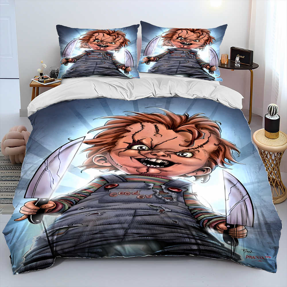 Personagem de filme de terror Chucky Saw Consolador Conjunto de cama Capa de edredão Conjunto de cama Capa de colcha Estojo de cama King Queen Size L230704