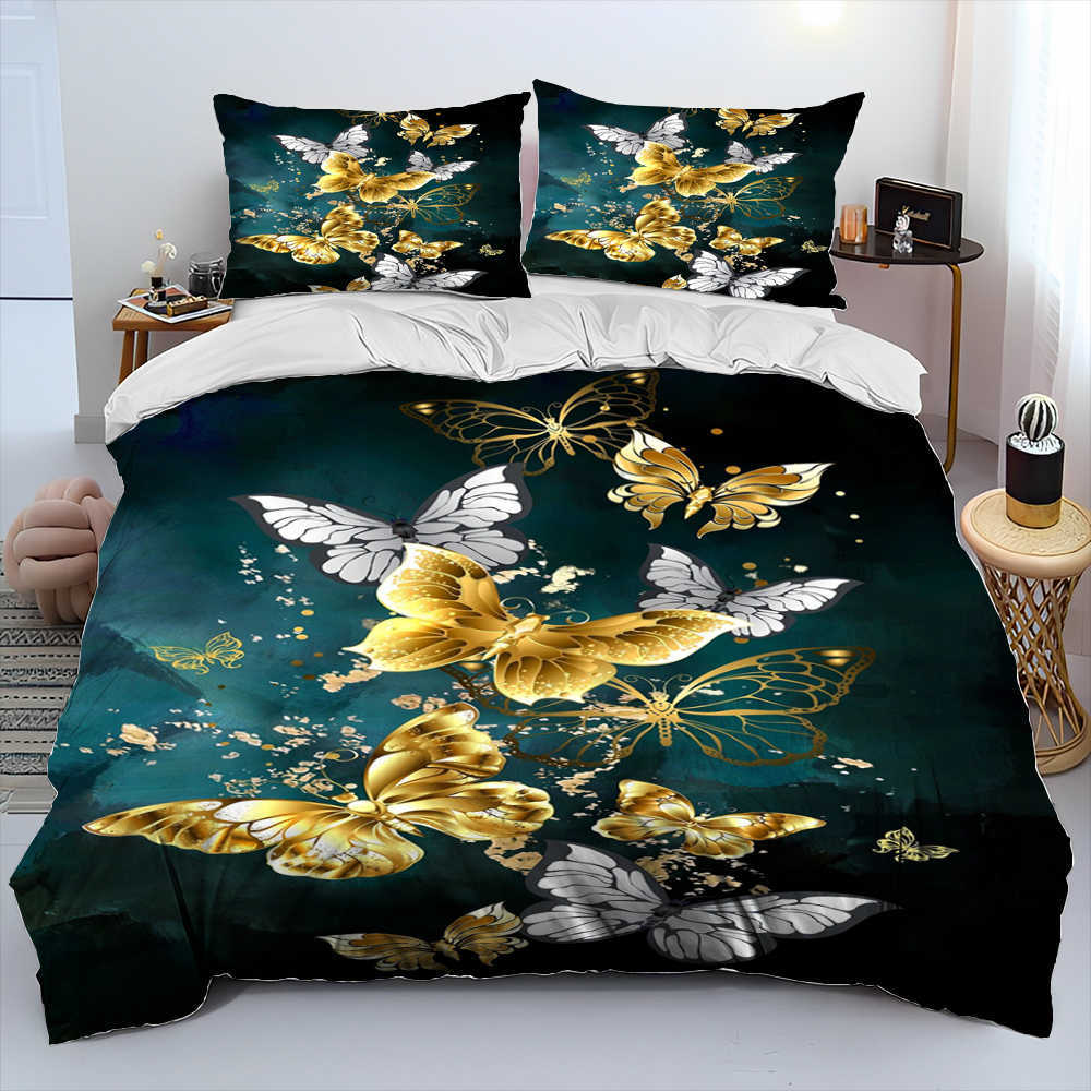 Conjunto de cama de edredom de flor de borboleta de luxo 3D, 3 peças, capa de edredom, capa de edredom, capa de colcha, conjunto de cama king size queen L230704