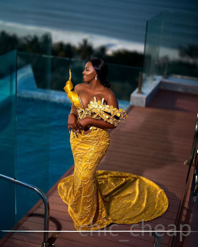 2023 Aso Ebi Yellow Mermaid Prom Dress Sequined Lace Beaded Evening Formal Party Second Reception Birthday Engagement Gowns Dresses Robe De Soiree ZJ765