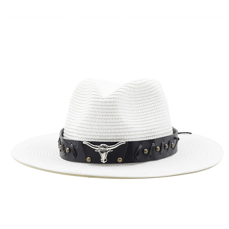 Western Cowboy verstellbarer Strohhut Bowler Panama Fedora Cap mit Kuhkopf Outdoor Strand Sonnenhut Sombrero