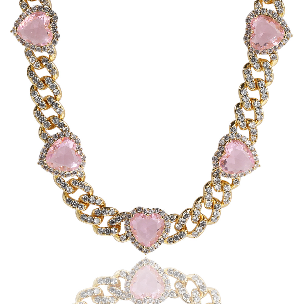 Hip Hop Heart Shape Cuban Link Chain Necklace Women Gift Pink Zircon Jewelry