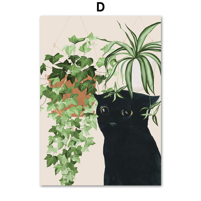 Cute Black Cat Poster e stampe Foglie verdi Piante Tela Pittura Wall Art Immagini nordiche soggiorno Decor Home Decor Frameless w06