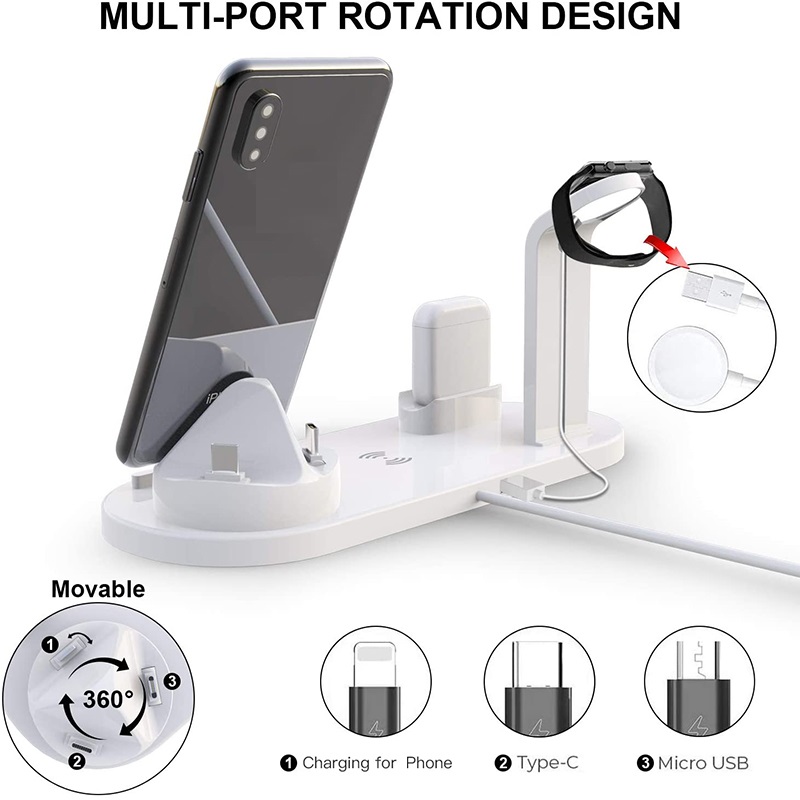 2023 Recém-portador de telefone Popular multifuncional 6 em 1 Carregador sem fio Carregamento rápido Dock Stand Estação de carregamento de mesa