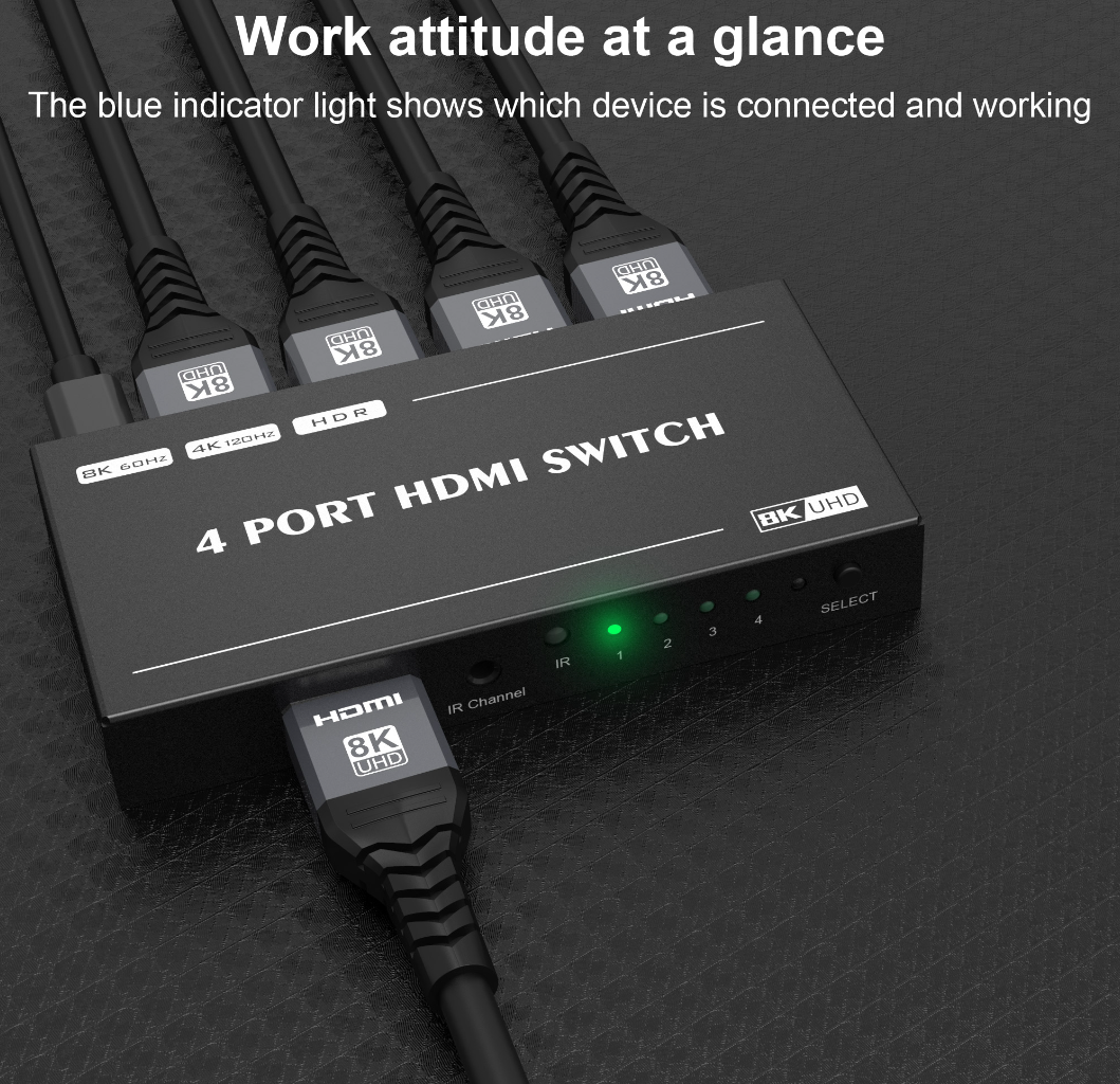 8K 4-poorts HDMI Switch Splitter 4 In 1 Out HDMI 2.1 Switcher 8K 60Hz 4K 144Hz voor Schakelaar Meerdere Bronnen en Display IR Afstandsbediening Voor PS5 PS4 Projector Laptop Computer TV