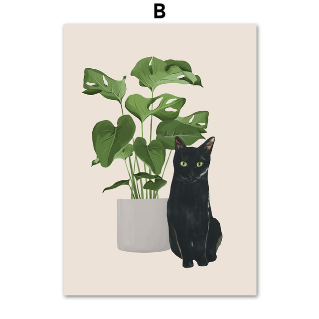 Cute Black Cat Poster e stampe Foglie verdi Piante Tela Pittura Wall Art Immagini nordiche soggiorno Decor Home Decor Frameless w06