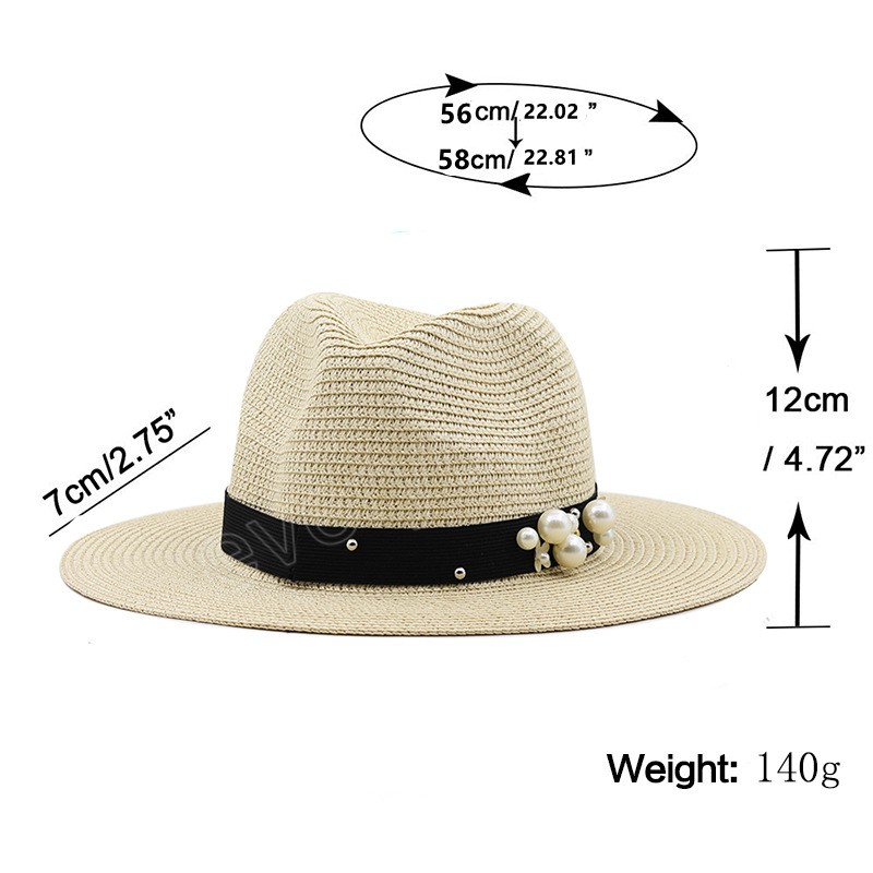 Summer Paper Straw Jazz Hat Women Wide Brim Sun Protection Beach Cap Unisex Wedding Fedora Hat Vintage Pearl Kvinna