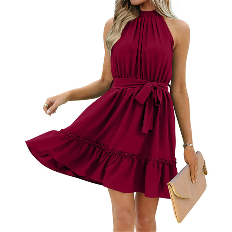 lu Lady Elegant Dress Summer Sleeveless Halter Waist lace-up Hem Ruffle Party Dress