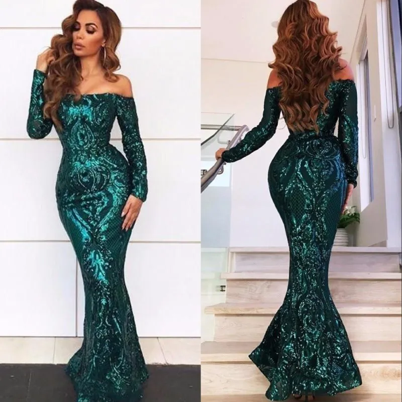 Estilo árabe Verde Esmeralda Lantejoulas Lantejoulas Vestidos de Baile Sereia Sexy Ombros Fora Elegantes Vestidos de Noite Longos Vestidos de Concurso