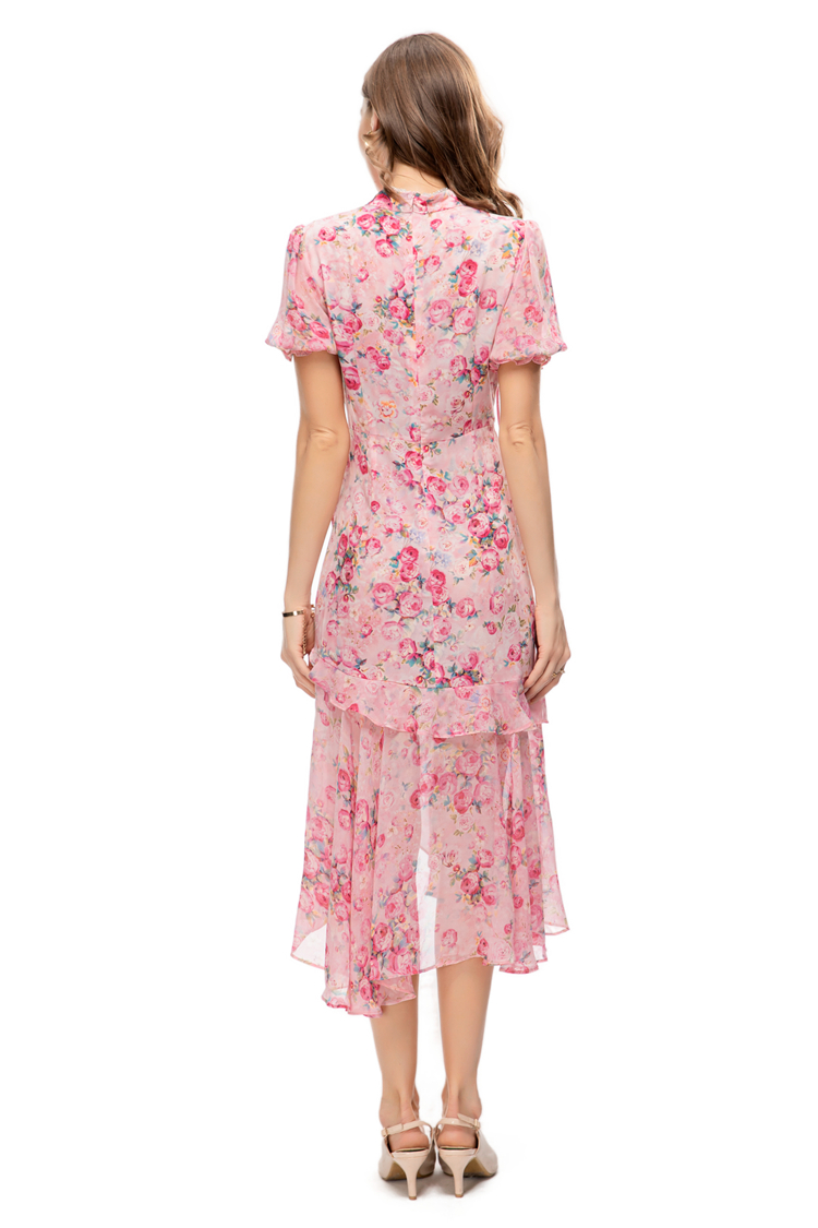 Women's Runway Dresses Stand Collar Short Sleeves Asymmetrical Ruffles Printed Floral Fashion Designer Vestidos