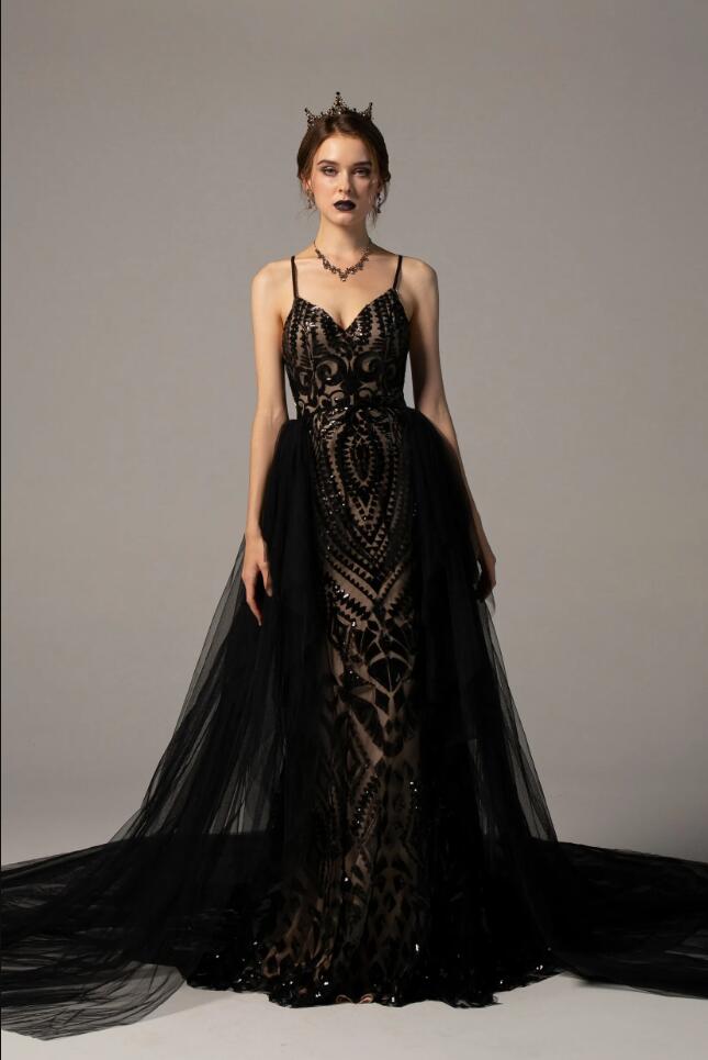 Black and Nude Gothic Wedding Dresses Bridal Gowns Mermaid With Detachable Train V Neck Trumpet Bride Dress Sequined Lace