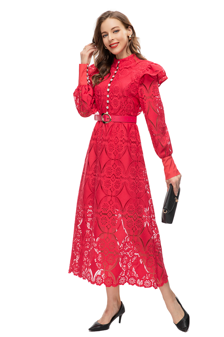 Vestidos femininos de passarela, decote em bico, manga comprida, bordado, botões únicos, renda, vestidos de moda de rua