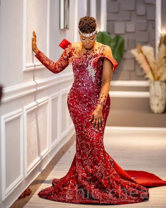 2023 Aso Ebi Mermaid Red Prom Dress Beaded Crystals Evening Formal Party Second Reception Birthday Engagement Gowns Dresses Robe De Soiree ZJ763