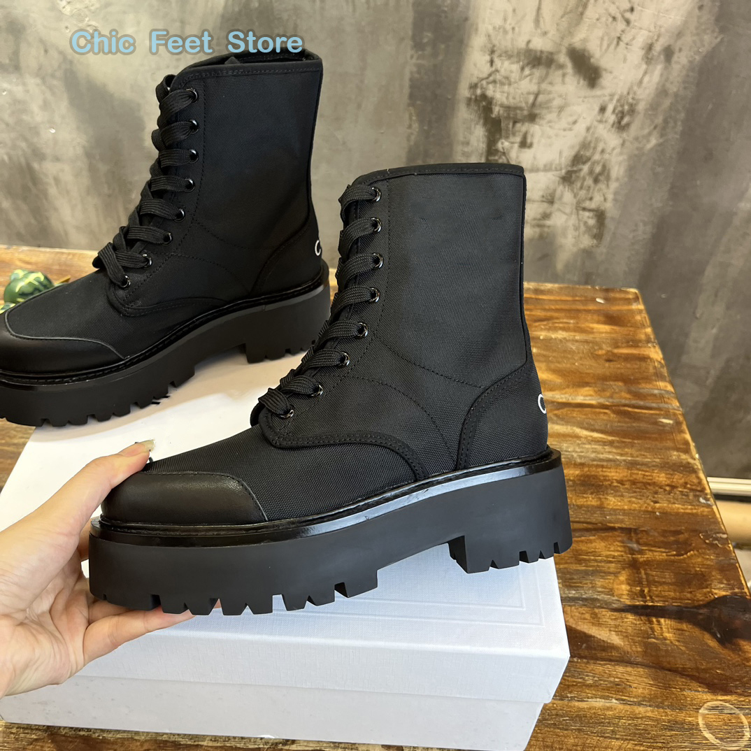 Designer stövlar kvinnor mode mysiga komfortskor ce triomphe vintage snörning boot nylon sade kalvskinn tjock sula stövel utomhus casual riddare stövlar storlek 35-41