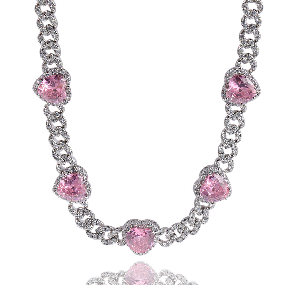 Hip Hop Heart Shape Cuban Link Chain Necklace Women Gift Pink Zircon Jewelry