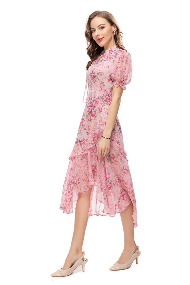 Women's Runway Dresses Stand Collar Short Sleeves Asymmetrical Ruffles Printed Floral Fashion Designer Vestidos