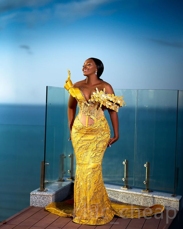 2023 Aso Ebi Vestido de Baile Amarelo Sereia Lantejoulas Renda Frisada Noite Festa Formal Segunda Recepção Aniversário Noivado Vestidos Robe De Soiree ZJ765