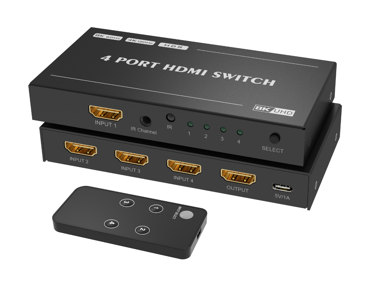 8K 4 porte HDMI Switch Splitter 4 In 1 Out HDMI 2.1 Switcher 8K 60Hz 4K 144Hz Switch Sorgente multipla e display Telecomando IR PS5 Proiettore PS4 Laptop Computer TV