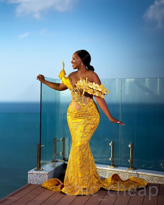 2023 Aso Ebi Yellow Mermaid Prom Dress Sequined Lace Beaded Evening Formal Party Second Reception Birthday Engagement Gowns Dresses Robe De Soiree ZJ765