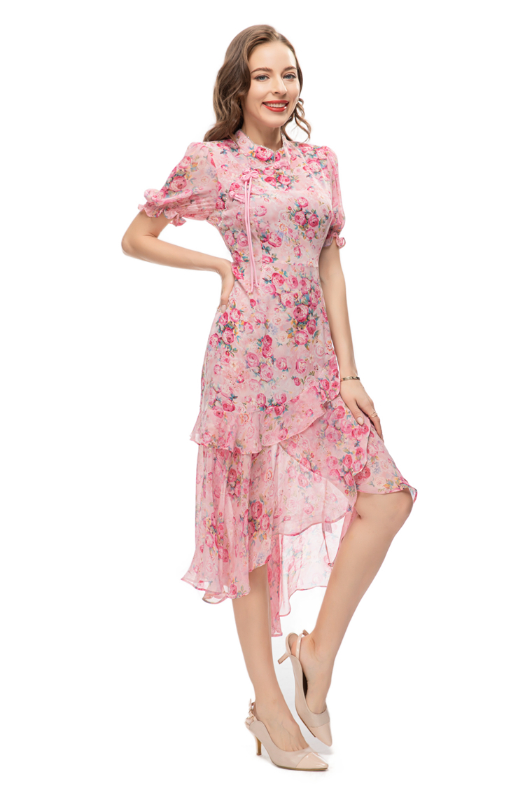 Women's Runway Dresses Stand Collar Short Sleeves Asymmetrical Ruffles Printed Floral Fashion Designer Vestidos