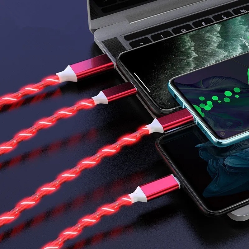 3 en 1 câbles 1,2 m LED FLIMING LUMIÈRE TYPE C MICRO USB Câble de charge rapide Ligne de cordon de charge pour Xiaomi Samsung Huawei Android Téléphone Câble