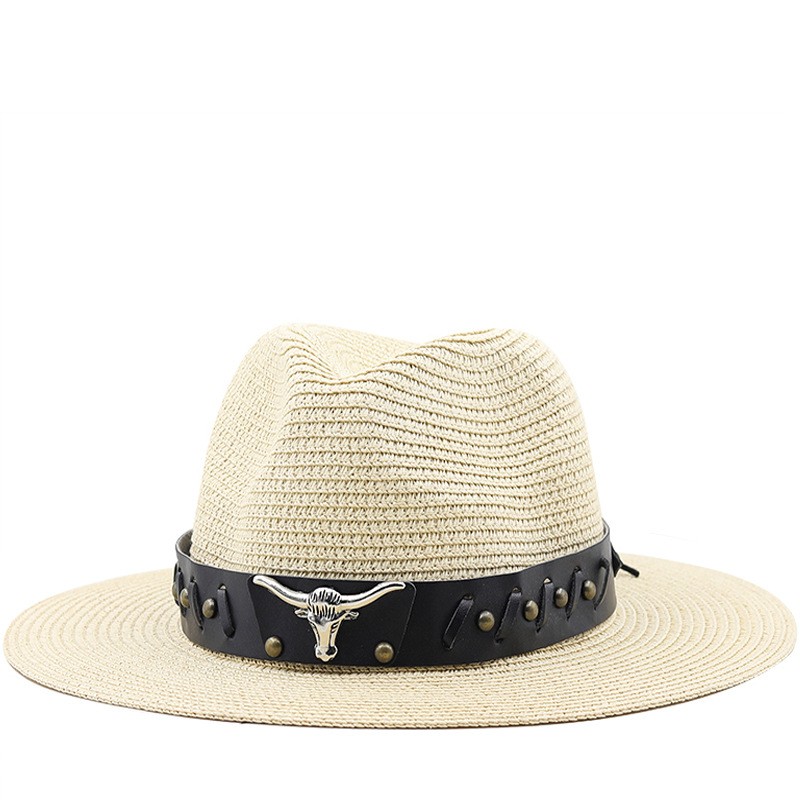 Western Cowboy verstellbarer Strohhut Bowler Panama Fedora Cap mit Kuhkopf Outdoor Strand Sonnenhut Sombrero