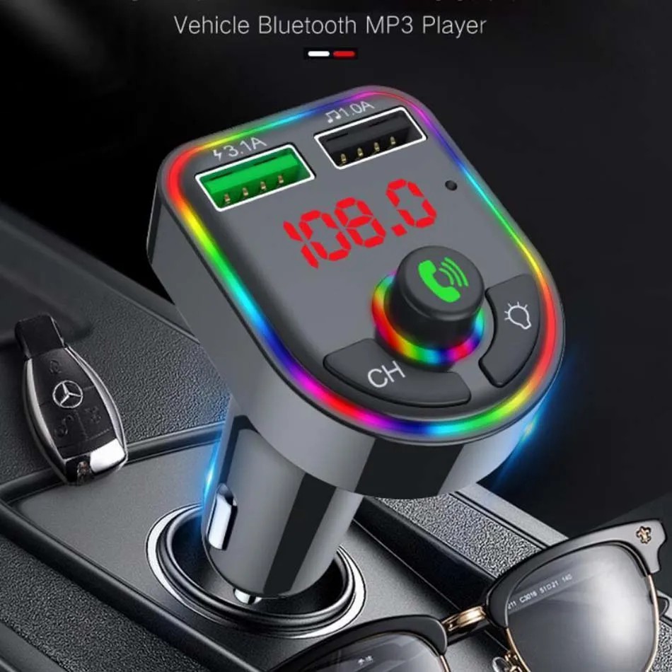 F5 F6 Bil Charger Bluetooth 5.0 FM Sändare RGB Atmosphere Light Car Kit Mp3 Player Wireless Handsfree Audio Mottagare med Retail Box