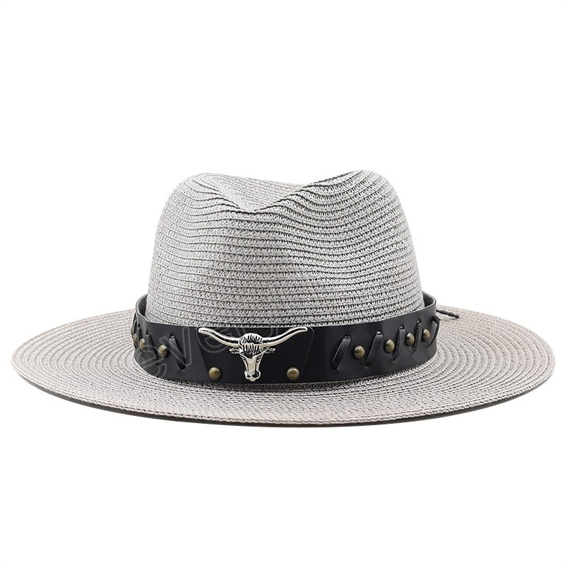 Western Cowboy verstellbarer Strohhut Bowler Panama Fedora Cap mit Kuhkopf Outdoor Strand Sonnenhut Sombrero