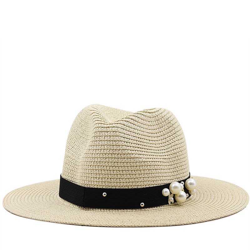 Summer Paper Straw Jazz Hat Women Wide Brim Sun Protection Beach Cap Unisex Wedding Fedora Hat Vintage Pearl Female