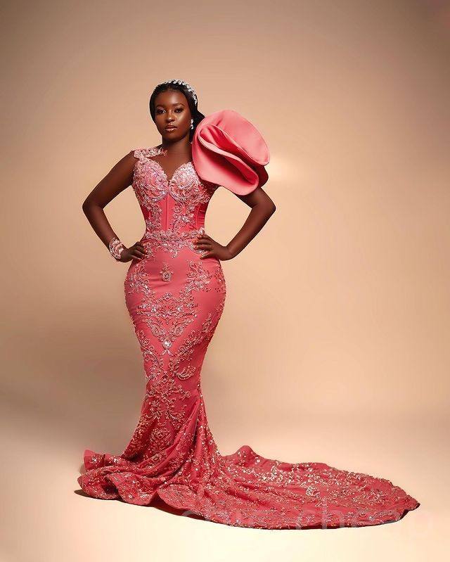 2023 Aso Ebi Water Melon Prom Dress Sequined Lace Evening Formal Party Second Reception Birthday Engagement Gowns Dresses Robe De Soiree ZJ767