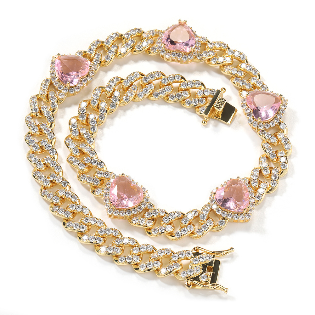 Hip Hop Heart Shape Cuban Link Chain Necklace Women Gift Pink Zircon Jewelry