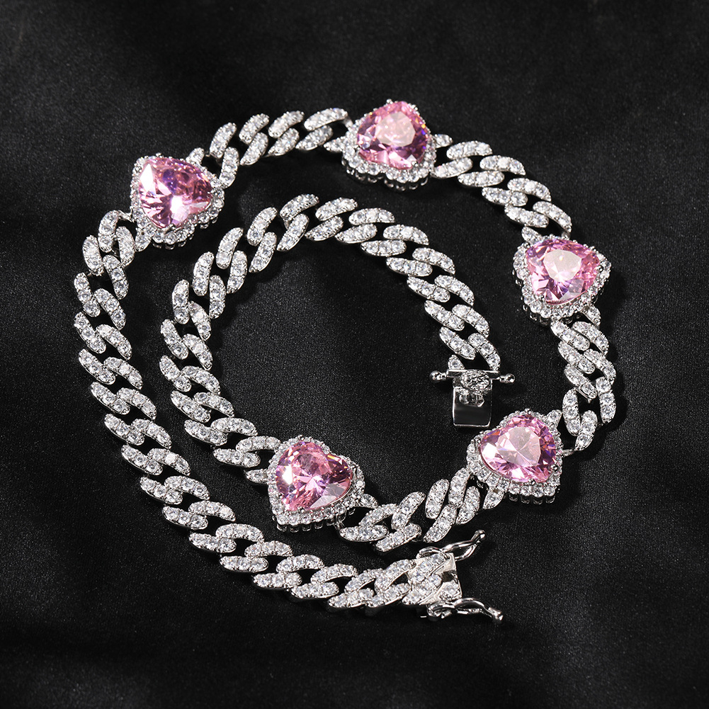 Hip Hop Heart Shape Cuban Link Chain Necklace Women Gift Pink Zircon Jewelry