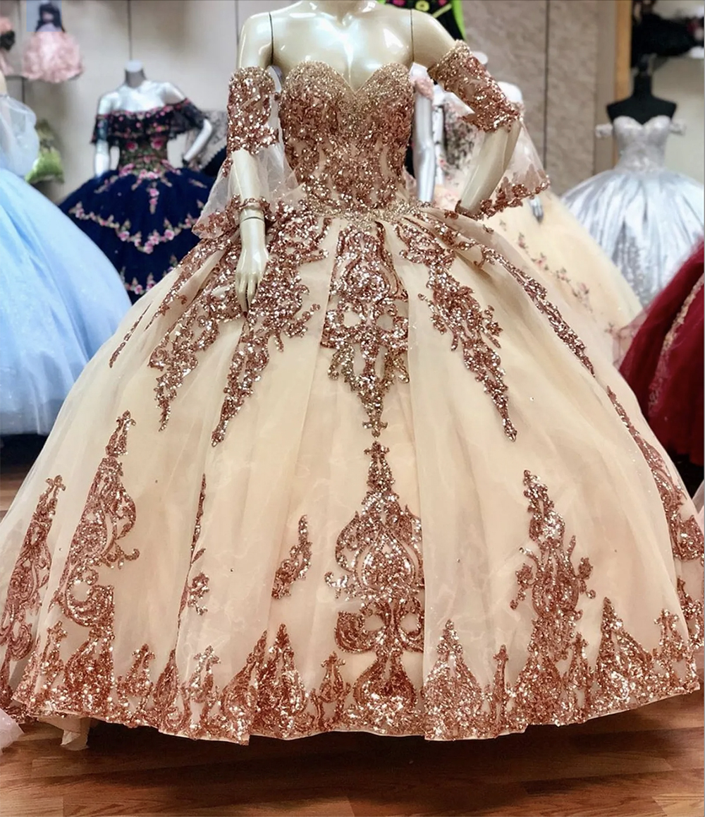 روز الذهب اللامع ثوب كرات الثوب Quinceanera الأكمام طويلة قبالة كتف ترابط زين الحلو 16 لباس ارتداء 2023