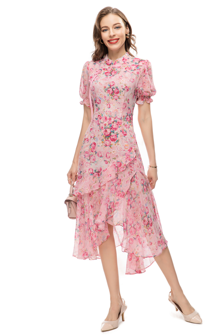 Women's Runway Dresses Stand Collar Short Sleeves Asymmetrical Ruffles Printed Floral Fashion Designer Vestidos